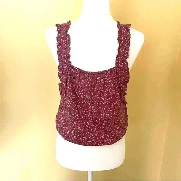 NWT Hem & Thread Rayon Maroon Floral Ruffle Cinch Waist Sleeveless Top Size M - Picture 7 of 14